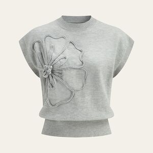 Commense Gray Knit Crop Top with Floral Accent